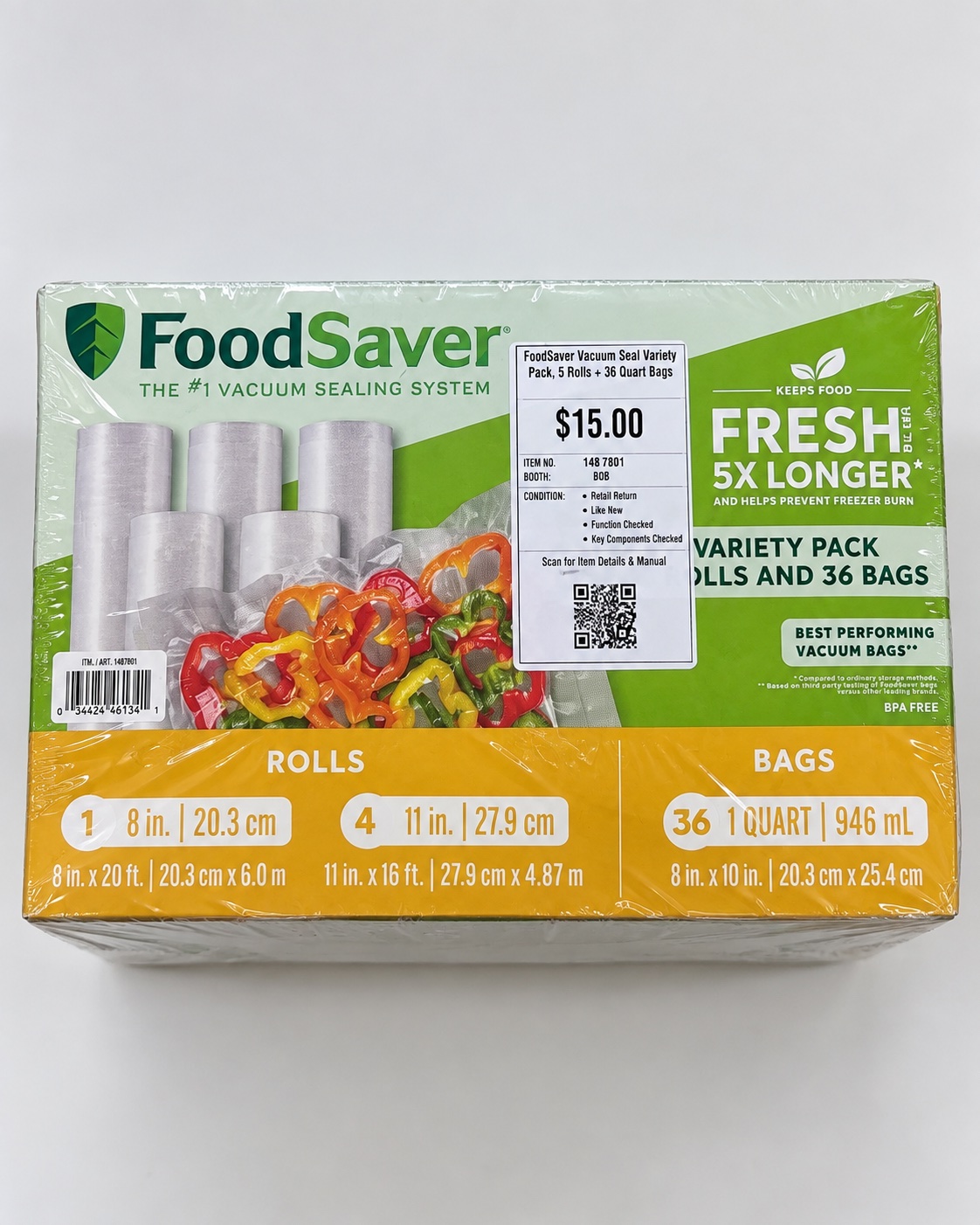 FoodSaver Vacuum Seal Variety Pack, 5 Rolls + 36 Quart Bags