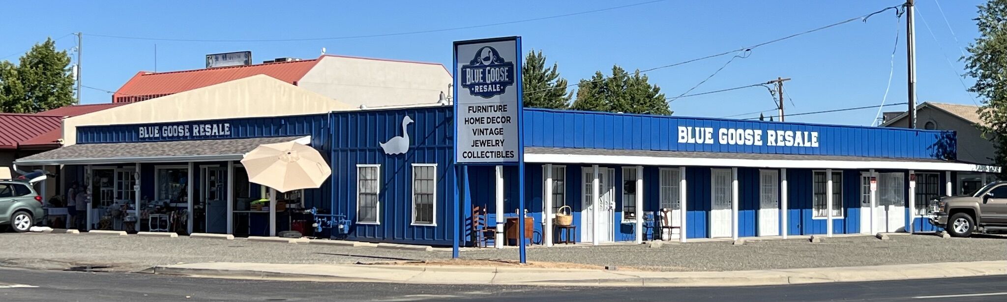 Exterior of Blue Goose Resale with its blue storefront and roadside sign.
